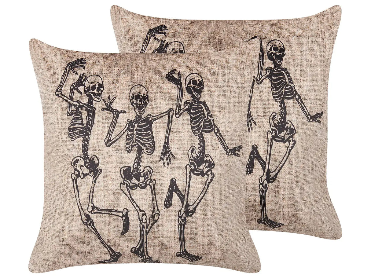 Set of 2 Decorative Cushions Beige Velvet 45 x 45 cm Skeleton Pattern Square Modern Halloween Decor Accessories Beliani