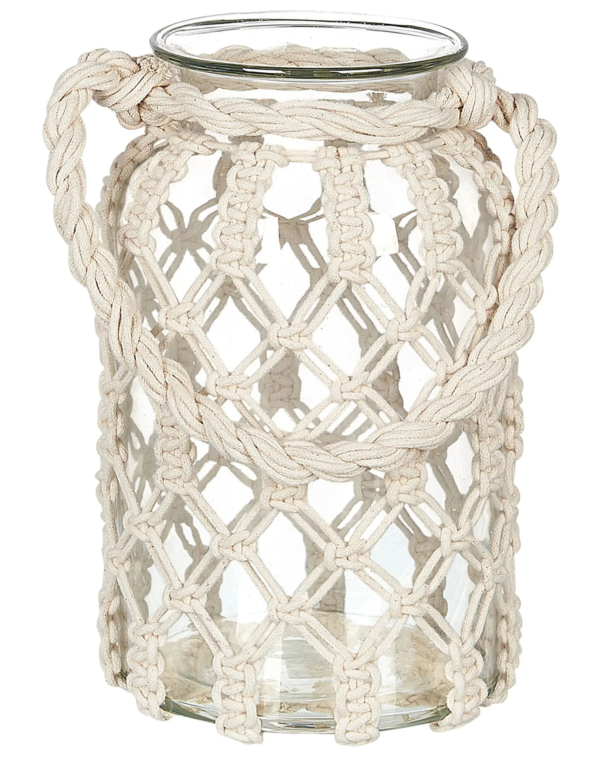 Lantern Off-White Glass 31x20cm Macrame Rope Handle Jar Single Candle Boho Beliani