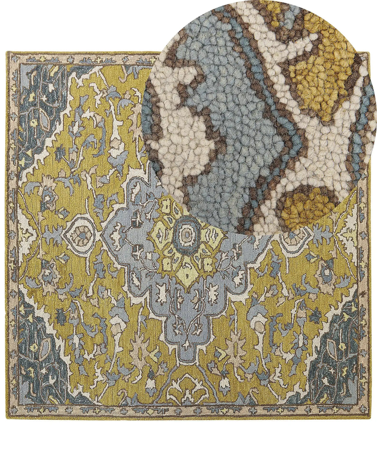 Area Rug Yellow and Blue Wool 200 x 200 cm Oriental Vintage Living Room Bedroom Beliani