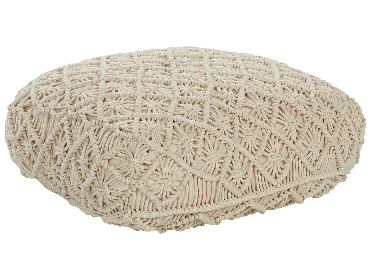 Floor Cushion Beige Cotton 50 x 50 x 20 cm Macrame Pattern Square Fabric Seating Pouffe Beliani