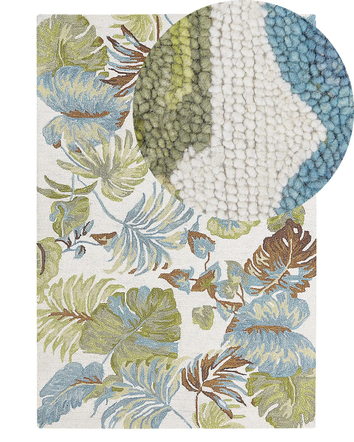 Area Rug Carpet Blue and Green Wool Leaves Motif 140 x 200 cm Rustic Boho Beliani