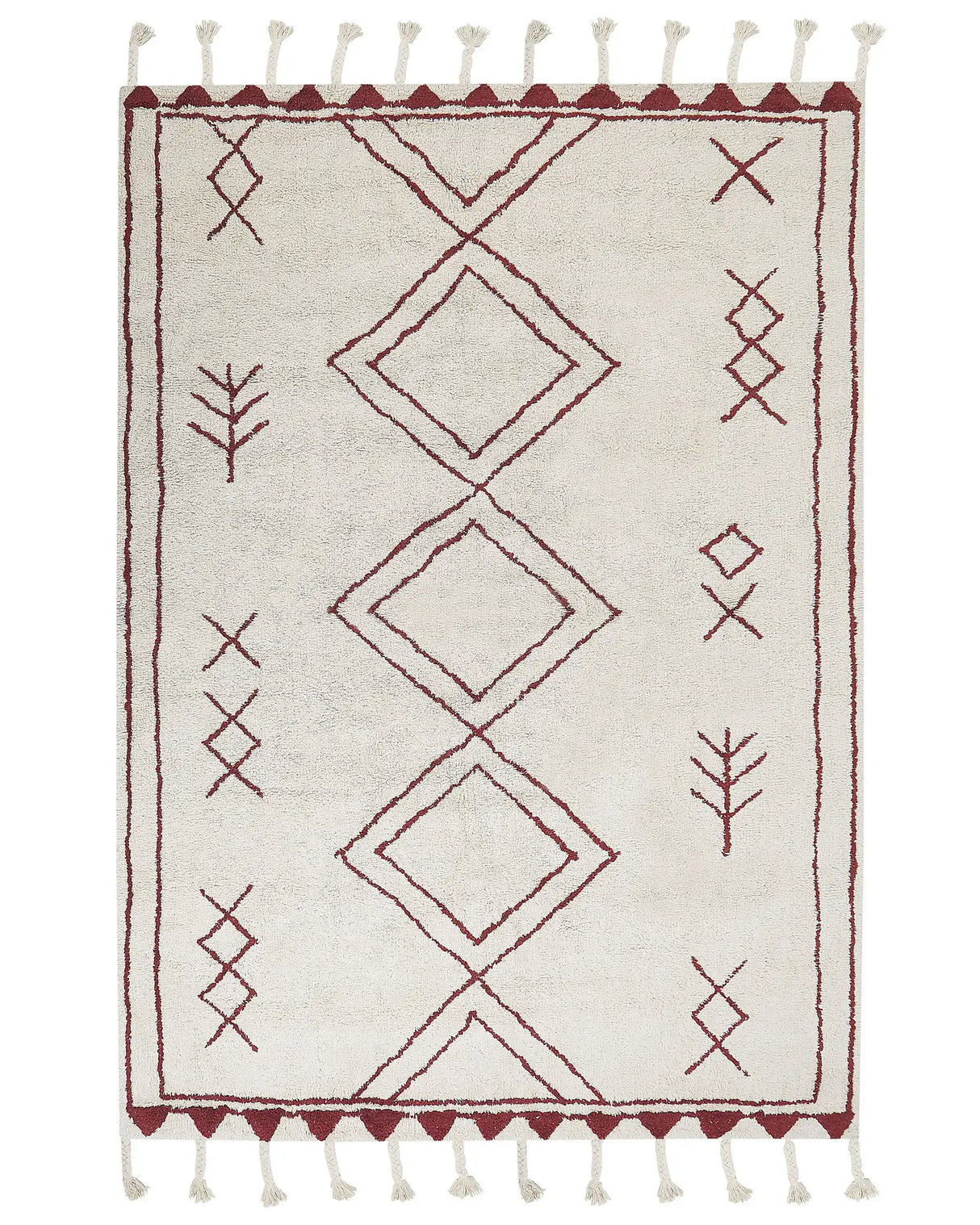 Rug Off-White Dark Red Cotton 160 x 230 cm Geometric Pattern Runes Tribal Tassels Oriental Beliani