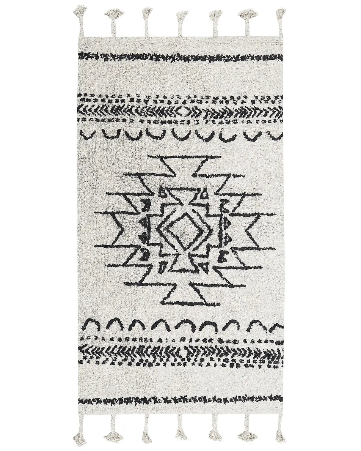 Rug Off-White Black Cotton 80 x 150 cm Geometric Pattern Runes Tribal Tassels Oriental Beliani