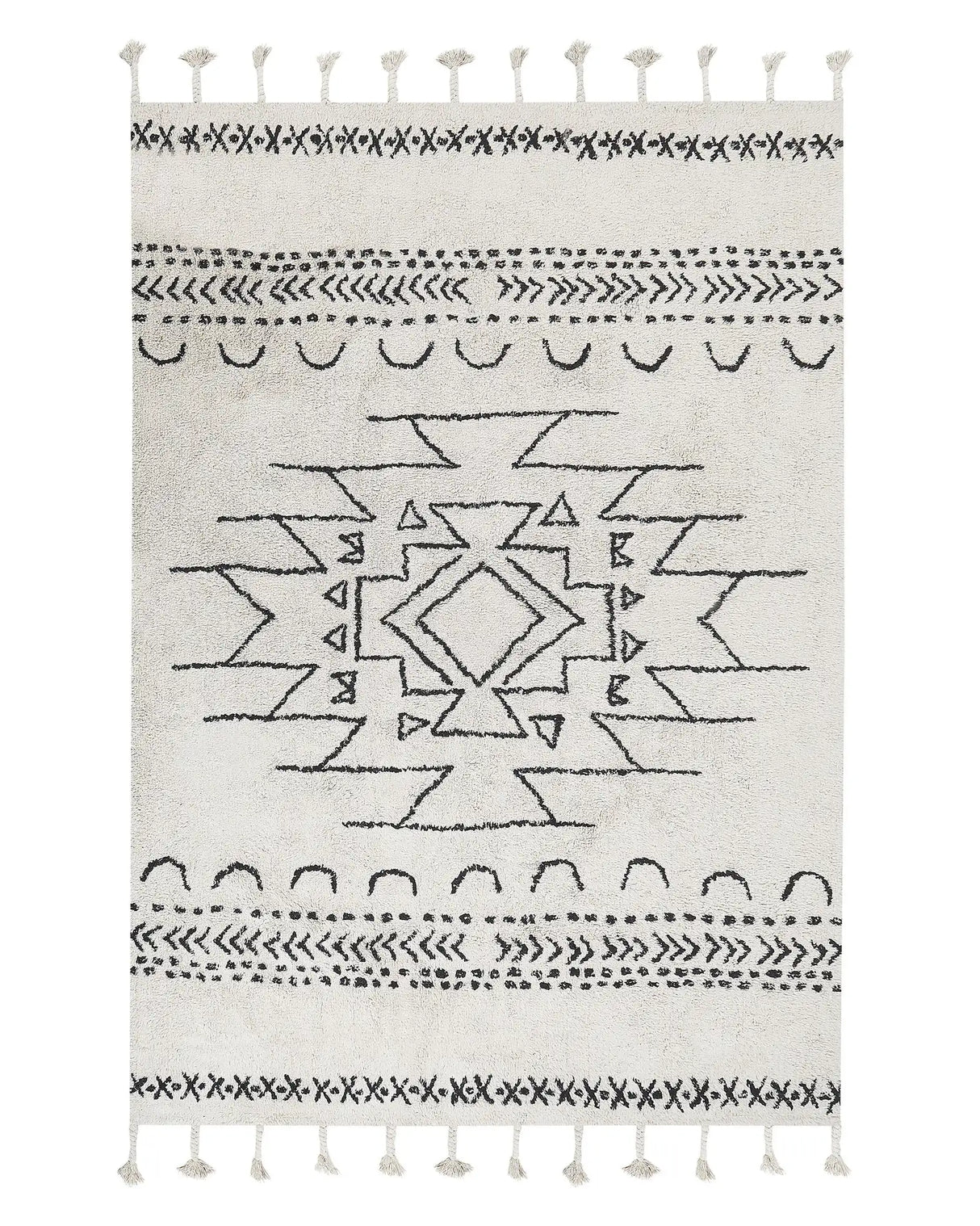 Rug Off-White Black Cotton 140 x 200 cm Geometric Pattern Runes Tribal Tassels Oriental Beliani