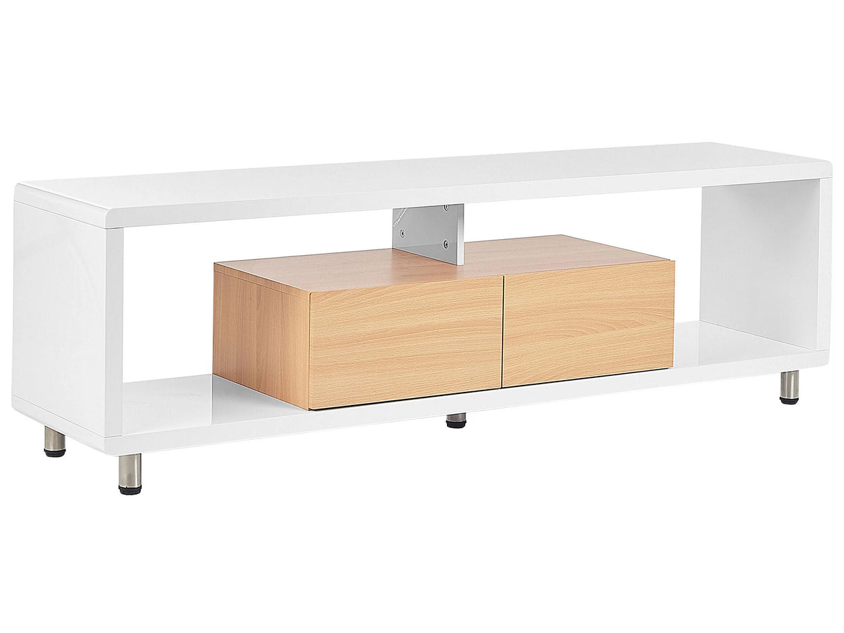 TV Stand White and Light Wood MDF High Gloss Cabinet Open Shelves 2 Drawers Minimalistic Beliani