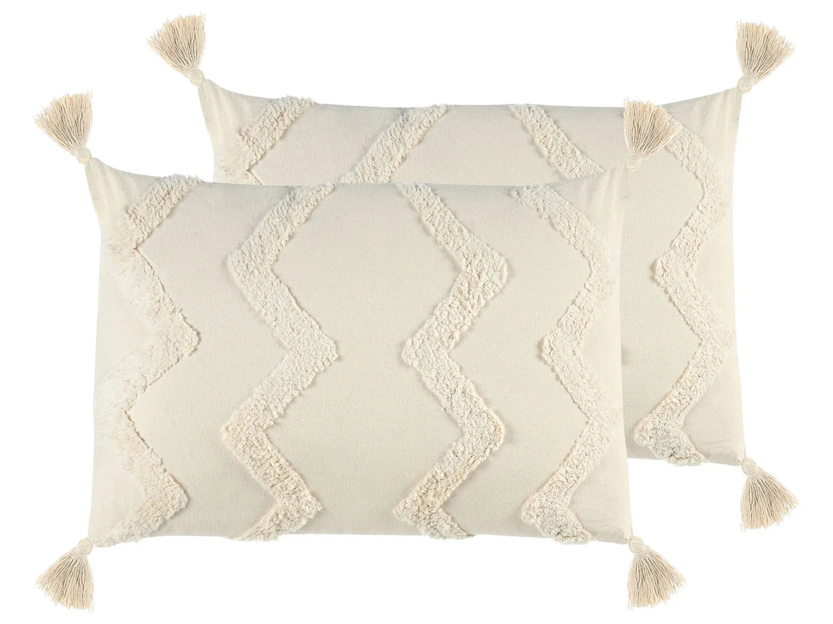 Decorative Cushion Beige Cotton 40 x 60 cm With Tassels Boho Chevron Pattern Beliani