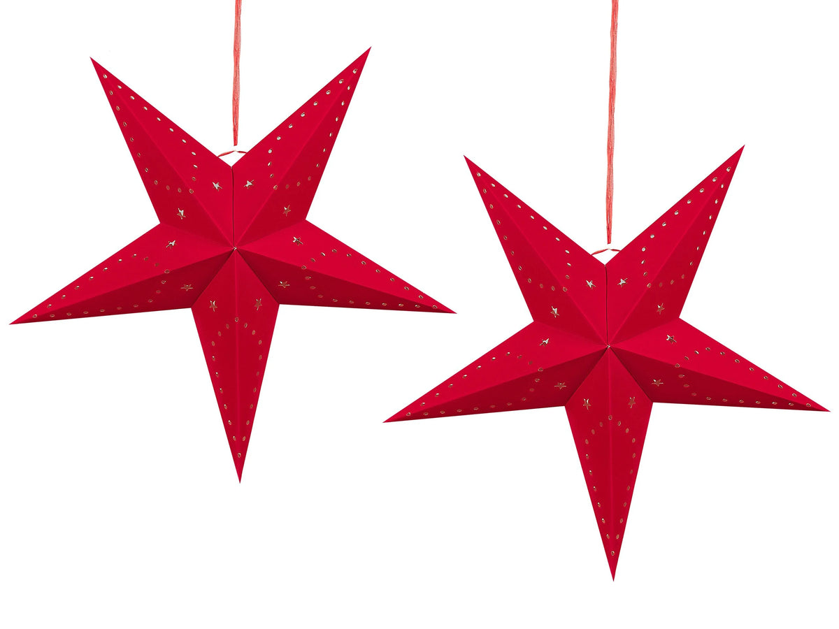 Set of 2 Star Lanterns Red Velvet Paper 60 cm Hanging Christmas Home Decororation Seasonal Festive Beliani