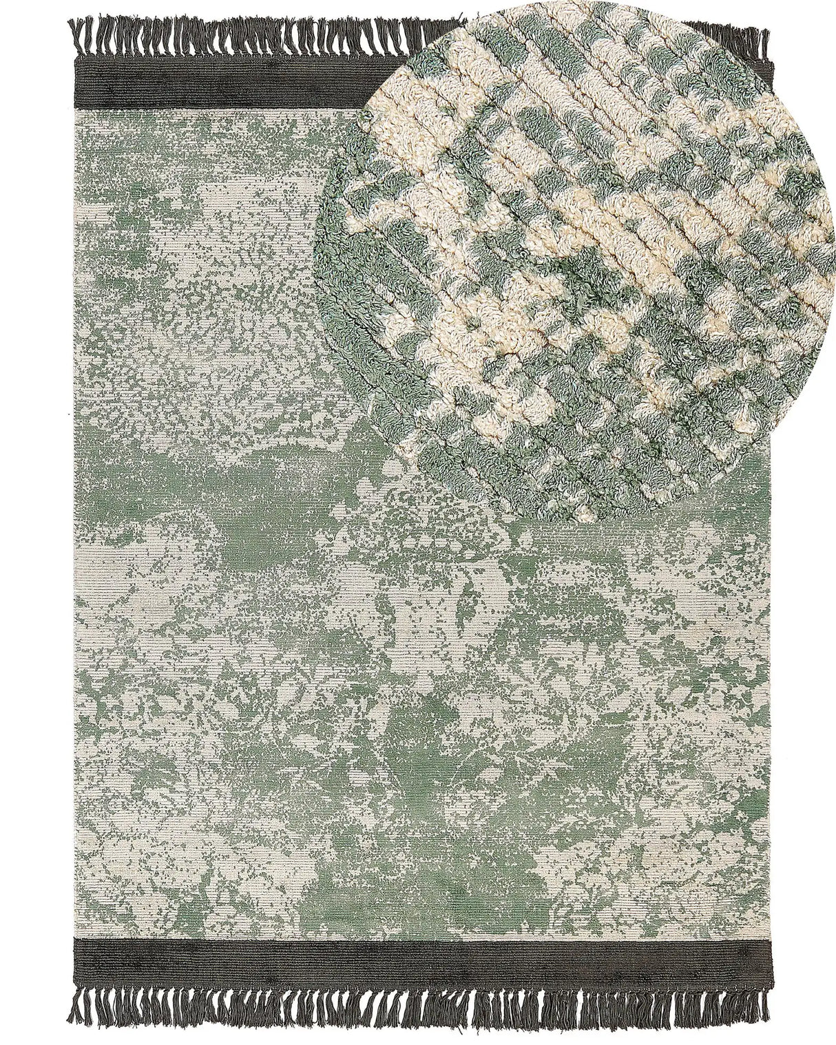 Area Rug Green and Beige Viscose with Cotton Backing with Fringes 160 x 230 cm Style Vintage Distressed Pattern Beliani