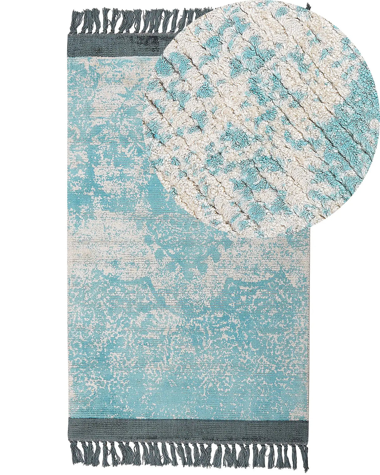 Area Rug Blue and Beige Viscose with Cotton Backing with Fringes 80 x 150 cm Style Vintage Distressed Pattern Beliani