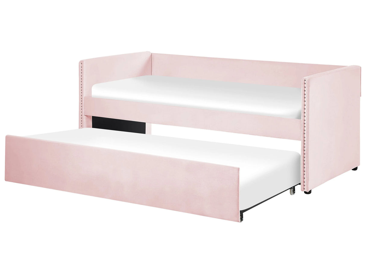 Trundle Bed Light Pink Velvet EU Single Wooden Slats Daybed Glamour Decorative Studs Beliani