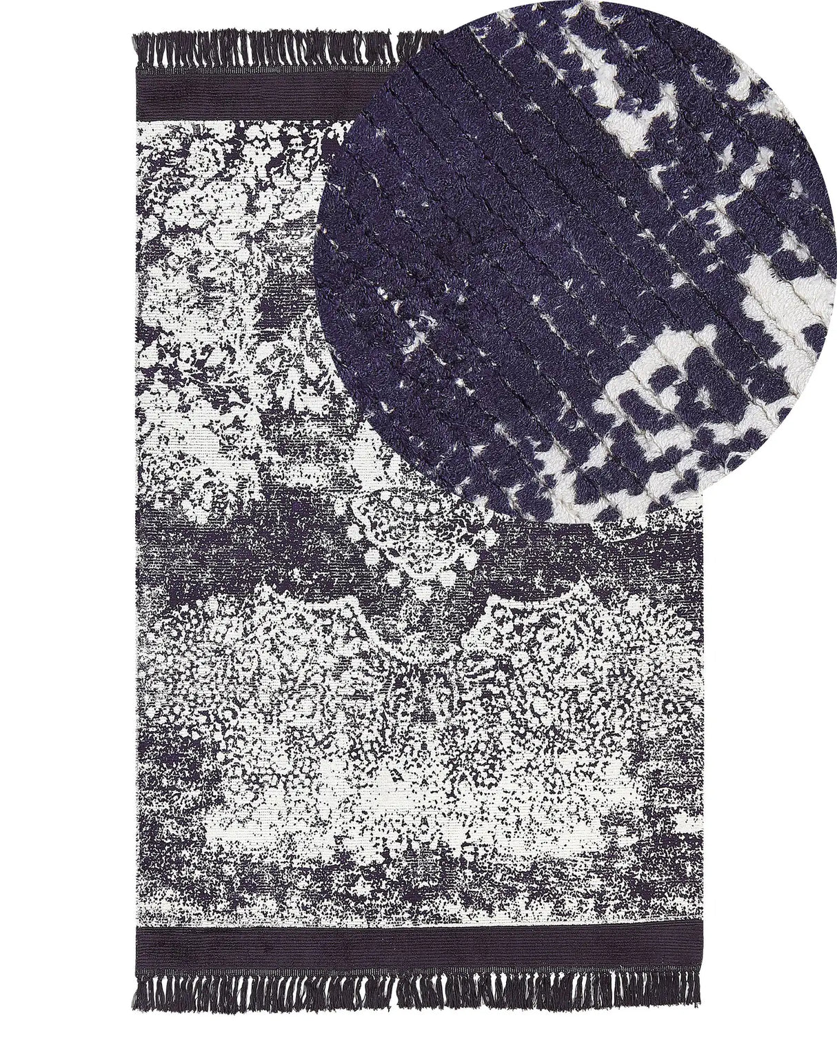 Area Rug Violet and White Viscose with Cotton Backing with Fringes 140 x 200 cm Style Vintage Distressed Pattern Beliani