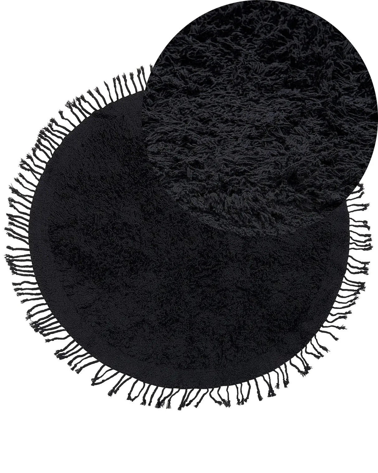 Area Rug Black Cotton 140 cm Shaggy Round Shape with Tassels Boho Style Beliani