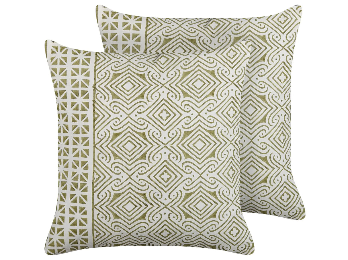 Set of 2 Scatter Cushions Green and White 45 x 45 cm Hand Block Print Removable Covers Zipper Oriental Pattern Beliani