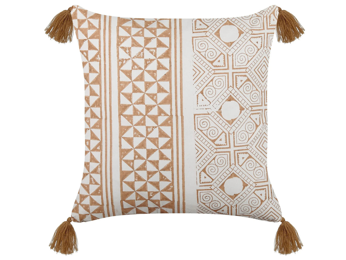 Scatter Cushion Light Brown and White 45 x 45 cm Hand Block Print Removable Covers Zipper Aztec Pattern Beliani