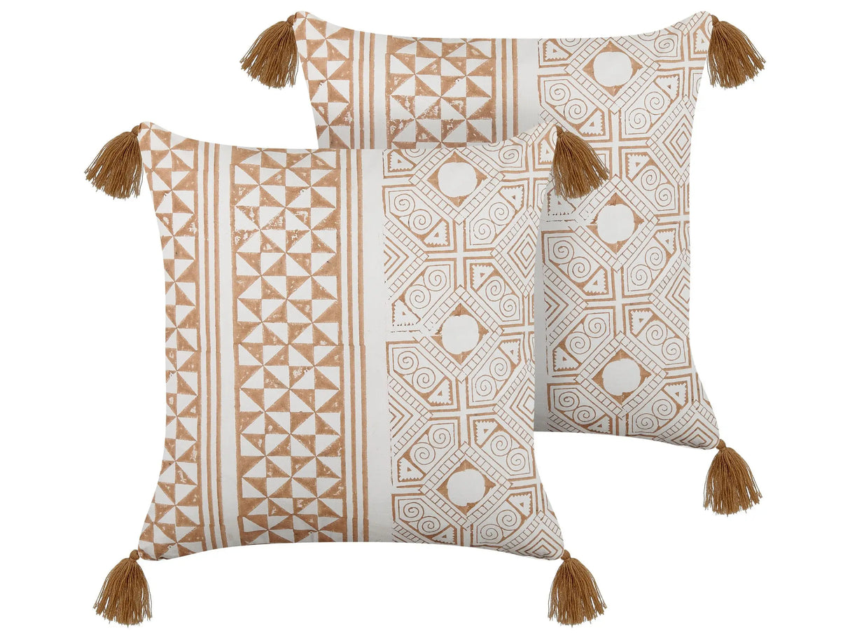 Set of 2 Scatter Cushions Light Brown and White 45 x 45 cm Hand Block Print Removable Covers Zipper Aztec Pattern Beliani