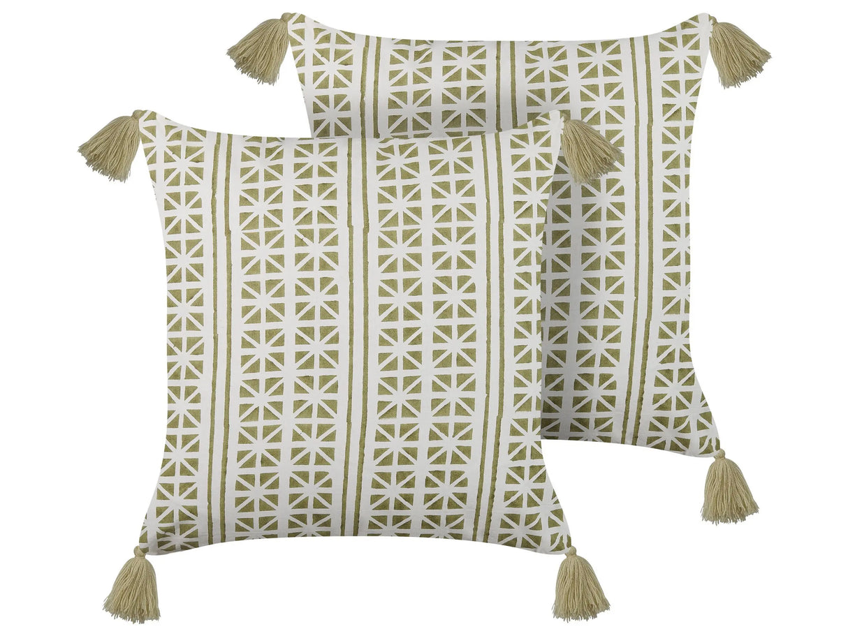 Scatter Cushions Green and White 45 x 45 cm Hand Block Print Removable Covers Zipper Boho Pattern Beliani