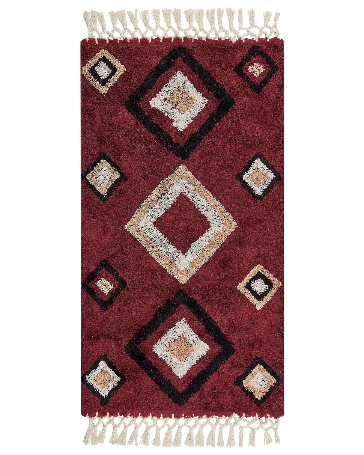 Area Rug Red Cotton 80 x 150 cm Rectangular with Tassels Diamond Pattern Boho Oriental Style Beliani