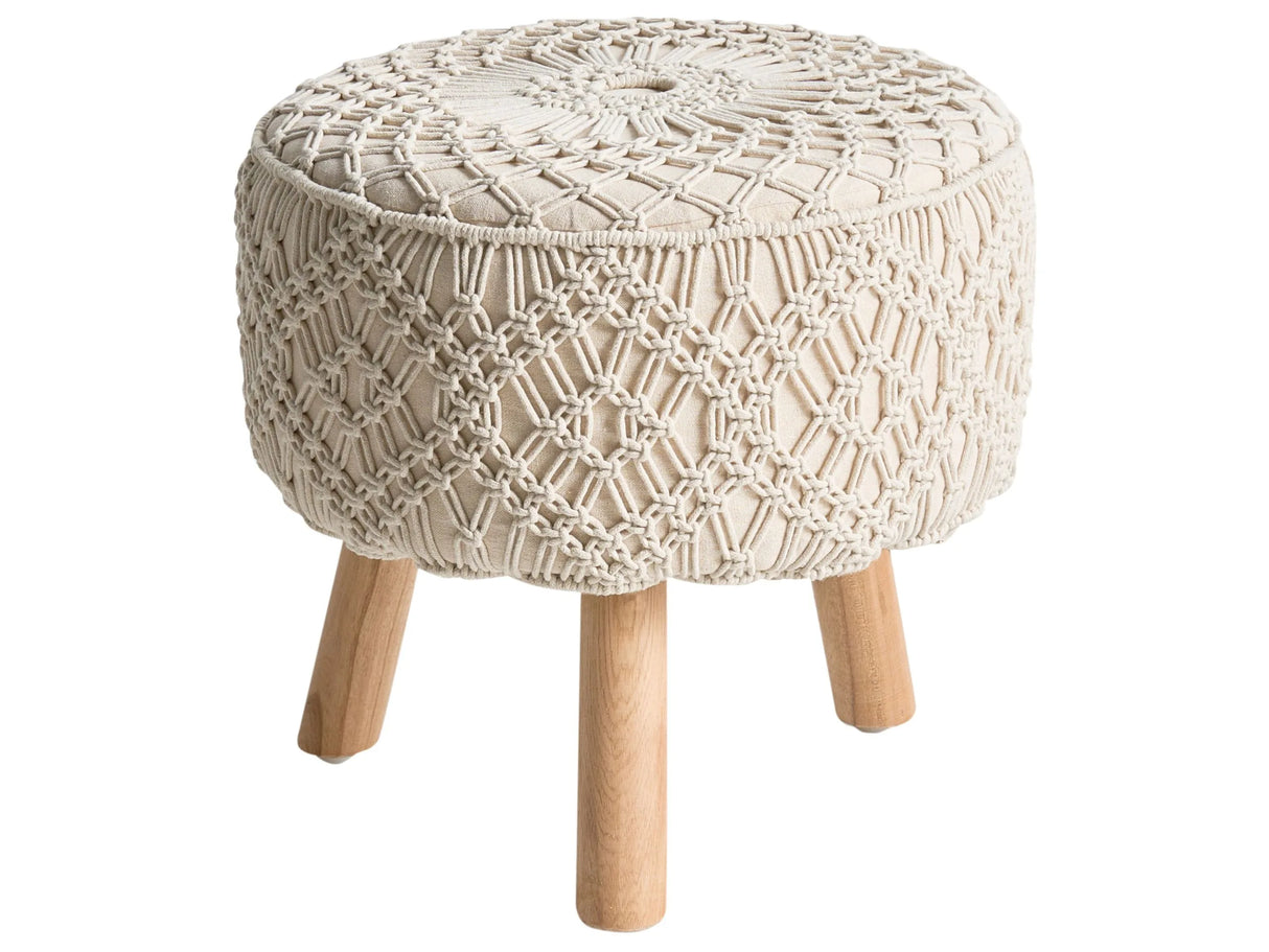 Footstool Beige Cotton Seat Wooden Legs 40 x 40 x 44 cm Handmade Macram Boho Style Home Accessory Beliani