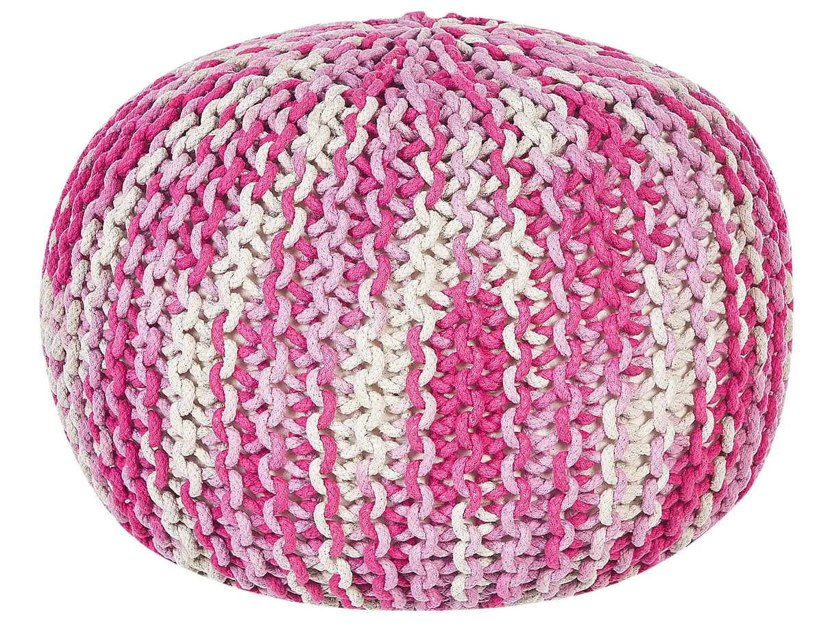 Pouf Ottoman White and Pink 50 x 35 cm Knitted Cotton EPS Beads Filling Round Small Footstool Beliani