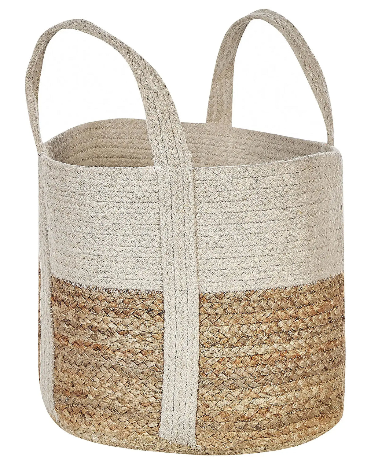 Storage Basket Beige and White Jute and Cotton Braided Laundry Hamper Fabric Bin Beliani