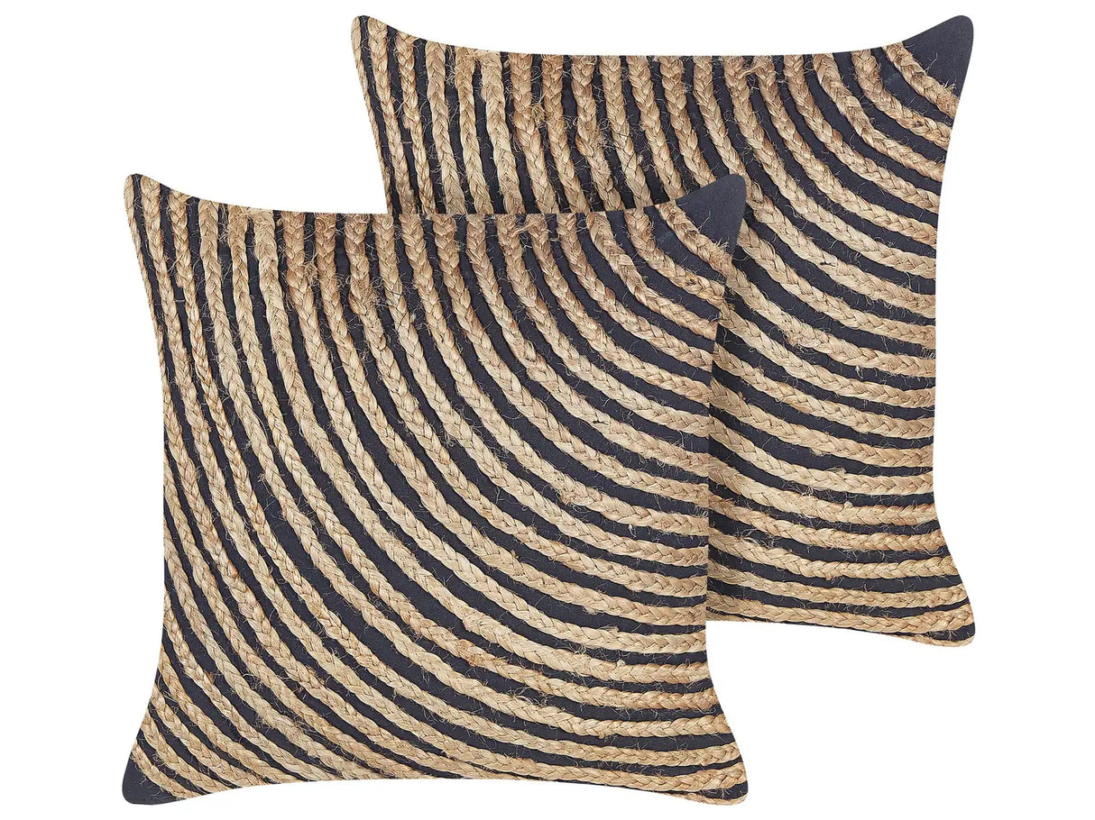 2 Decorative Cushions Beige and Black Cotton 45 x 45 cm Braided Jute Boho Decor Accessories Beliani