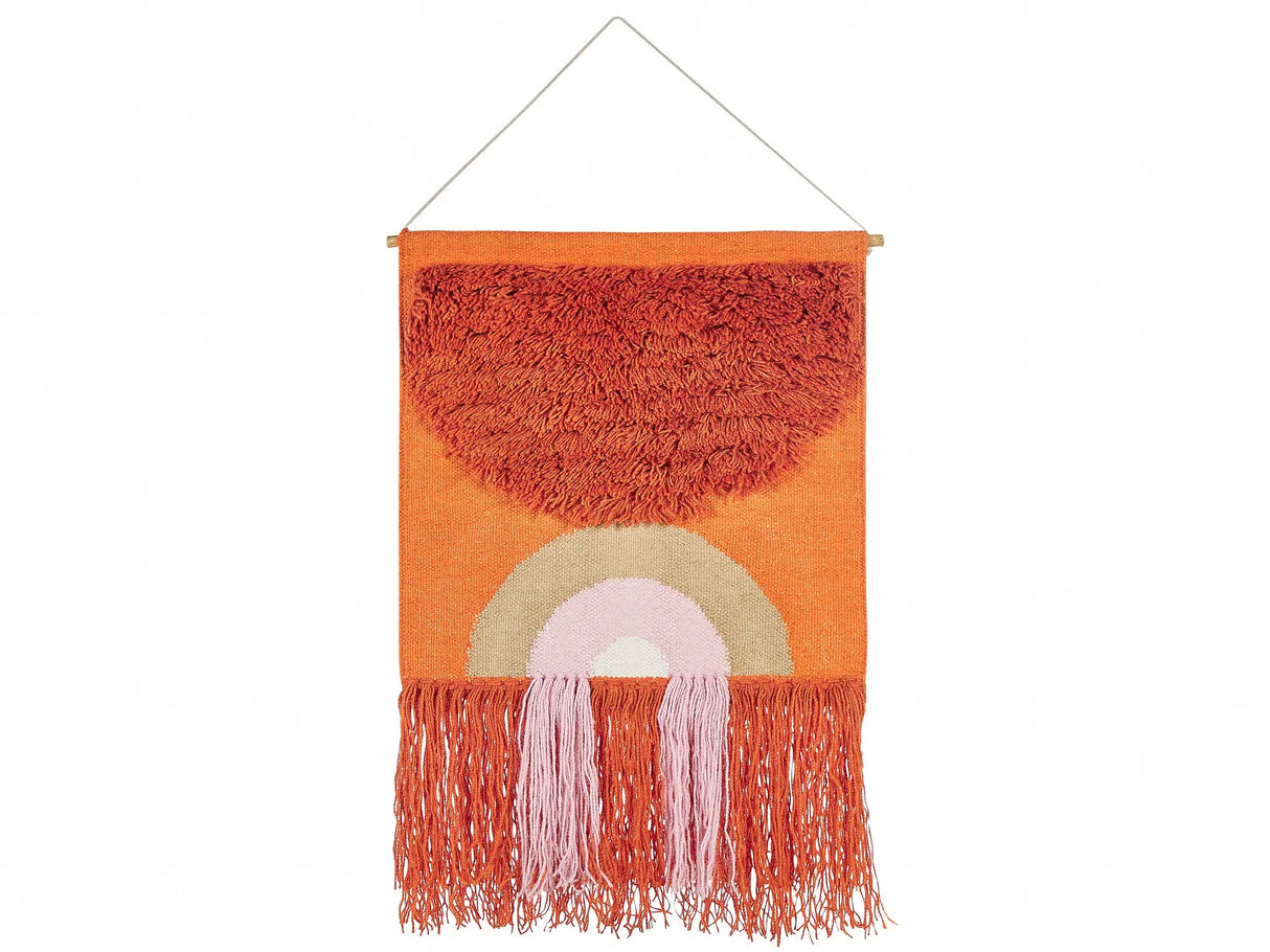 Wall Hanging Orange Cotton Wool 58 x 112 cm Handwoven with Tassels Geometric Pattern Wall Dcor Boho Style Living Room Bedroom Beliani