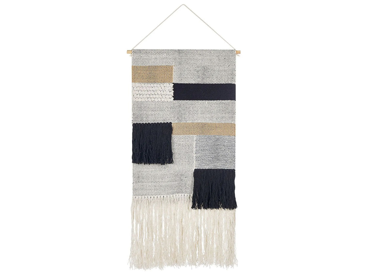 Wall Hanging Beige and Black Cotton 46 x 114 cm Handwoven with Tassels Geometric Pattern Wall Dcor Boho Style Living Room Bedroom Beliani