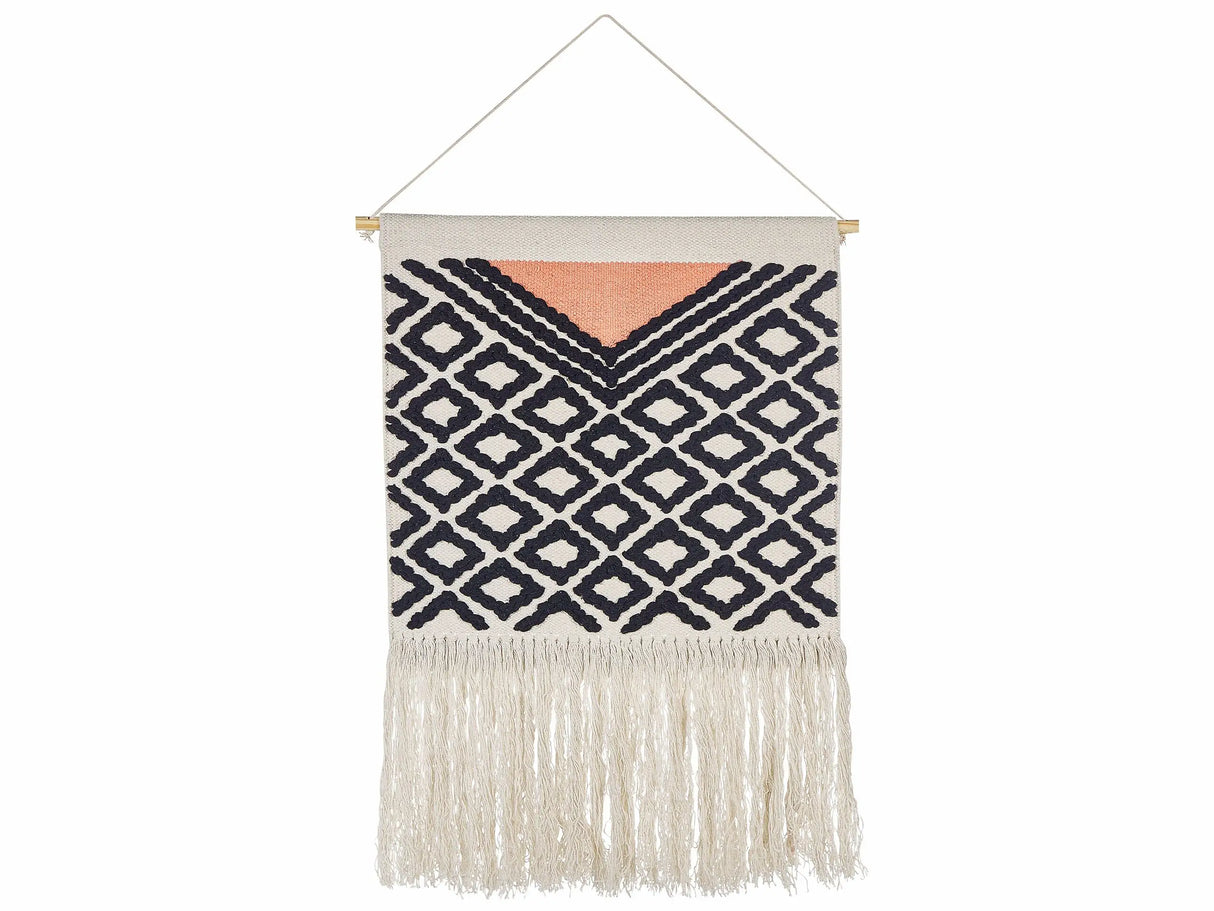 Wall Hanging Orange and Black Cotton 56 x 106 cm Handwoven with Tassels Geometric Pattern Wall Dcor Boho Style Living Room Bedroom Beliani