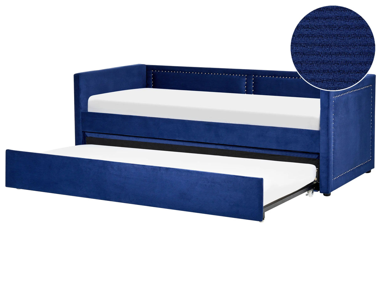 Trundle Bed Blue Fabric Upholstery EU Single Size Guest Underbed Nailhead Trim Beliani