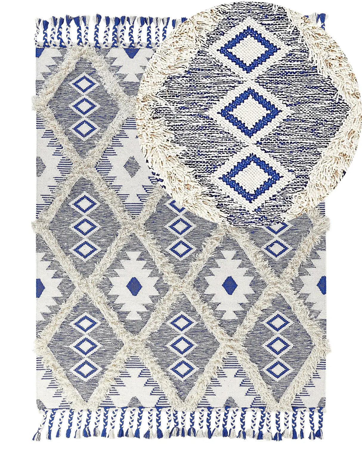 Area Rug Light Beige and Blue Cotton 140 x 200 cm Rectangular with Tassels Geometric Pattern Handwoven Modern Boho Style Living Room Bedroom Beliani