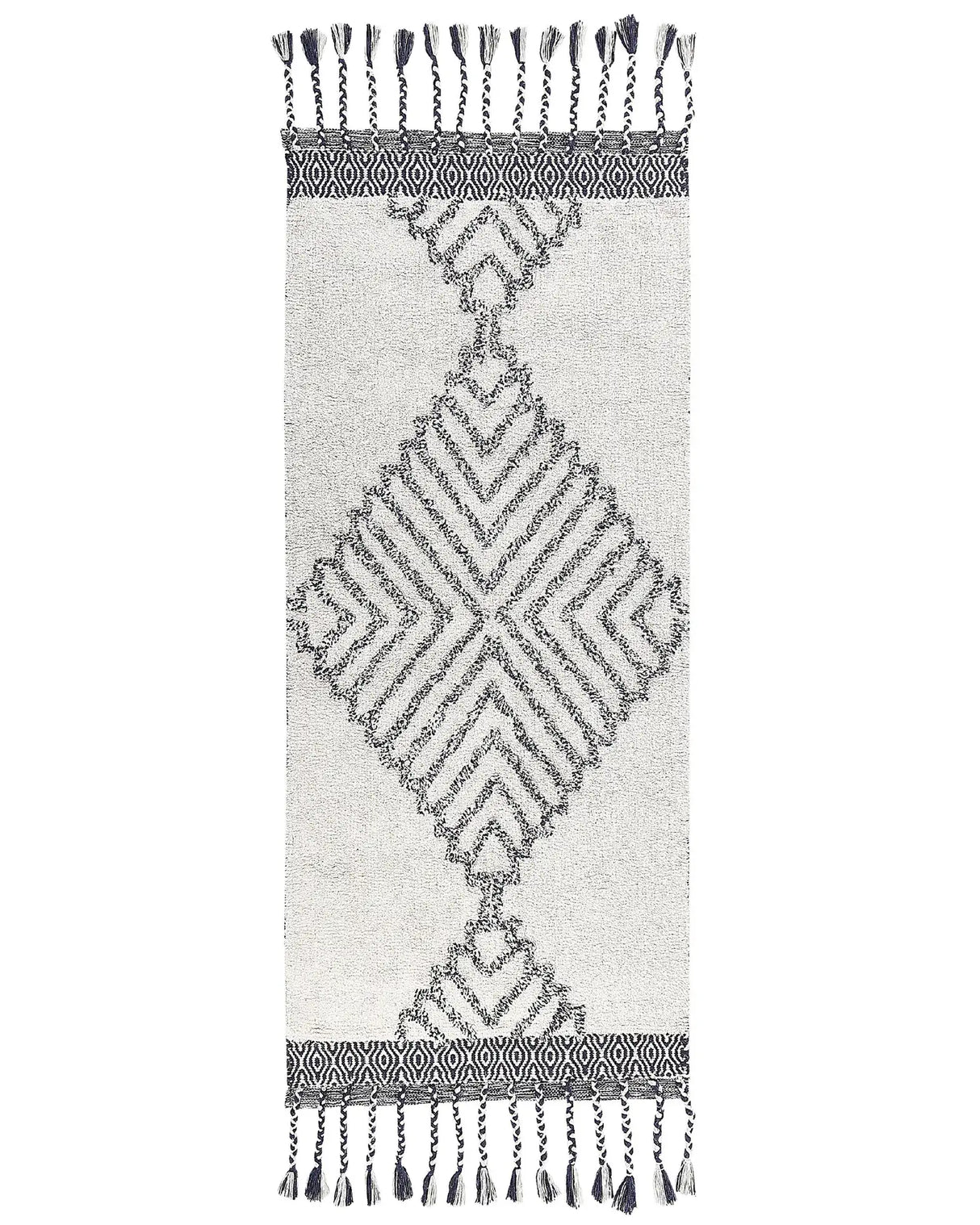 Area Rug White and Black Cotton 80 x 150 cm Rectangular with Tassels Geometric Pattern Handwoven Modern Boho Style Living Room Bedroom Beliani