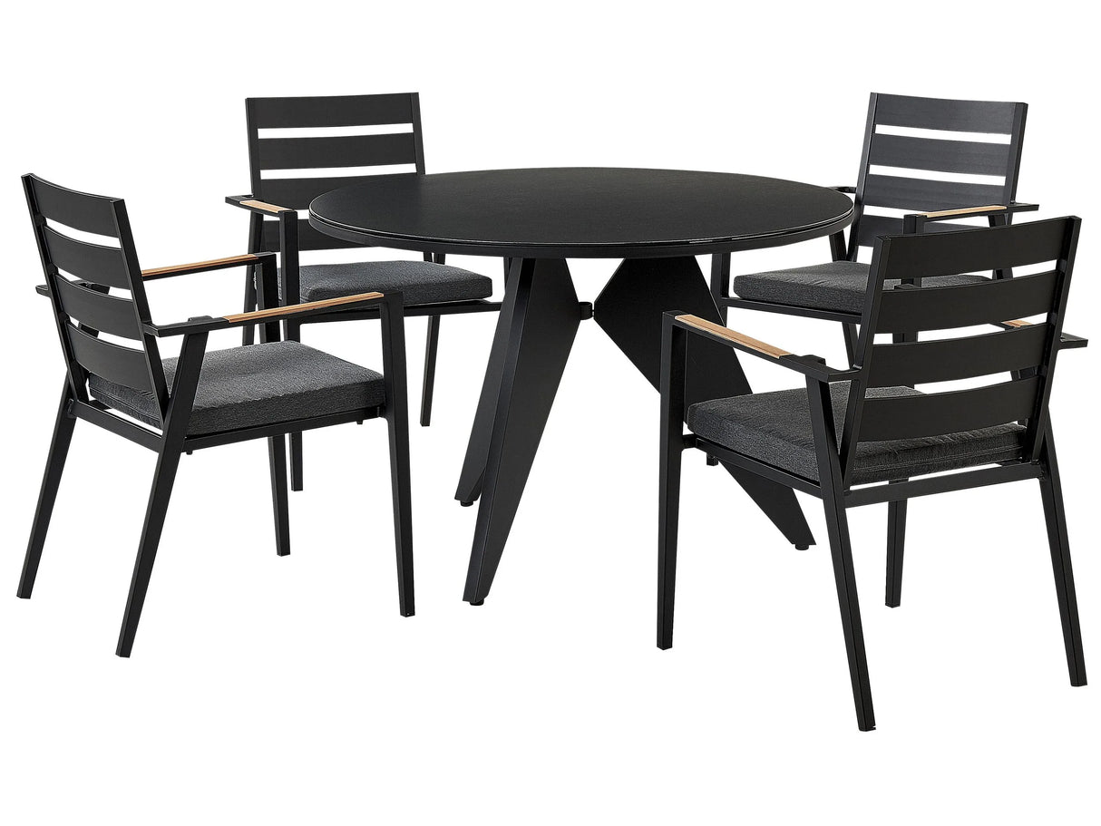 Outdoor Dining Set Black Aluminium 4 Seater Round Table 110 cm Slatted Chairs with Grey Seat Pads Beliani