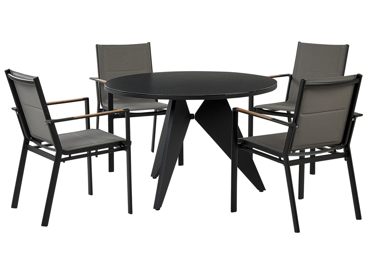 Outdoor Dining Set Black Aluminium 4 Seater Round Table 110 cm Upholstered Chairs with Grey Seat Pads Beliani