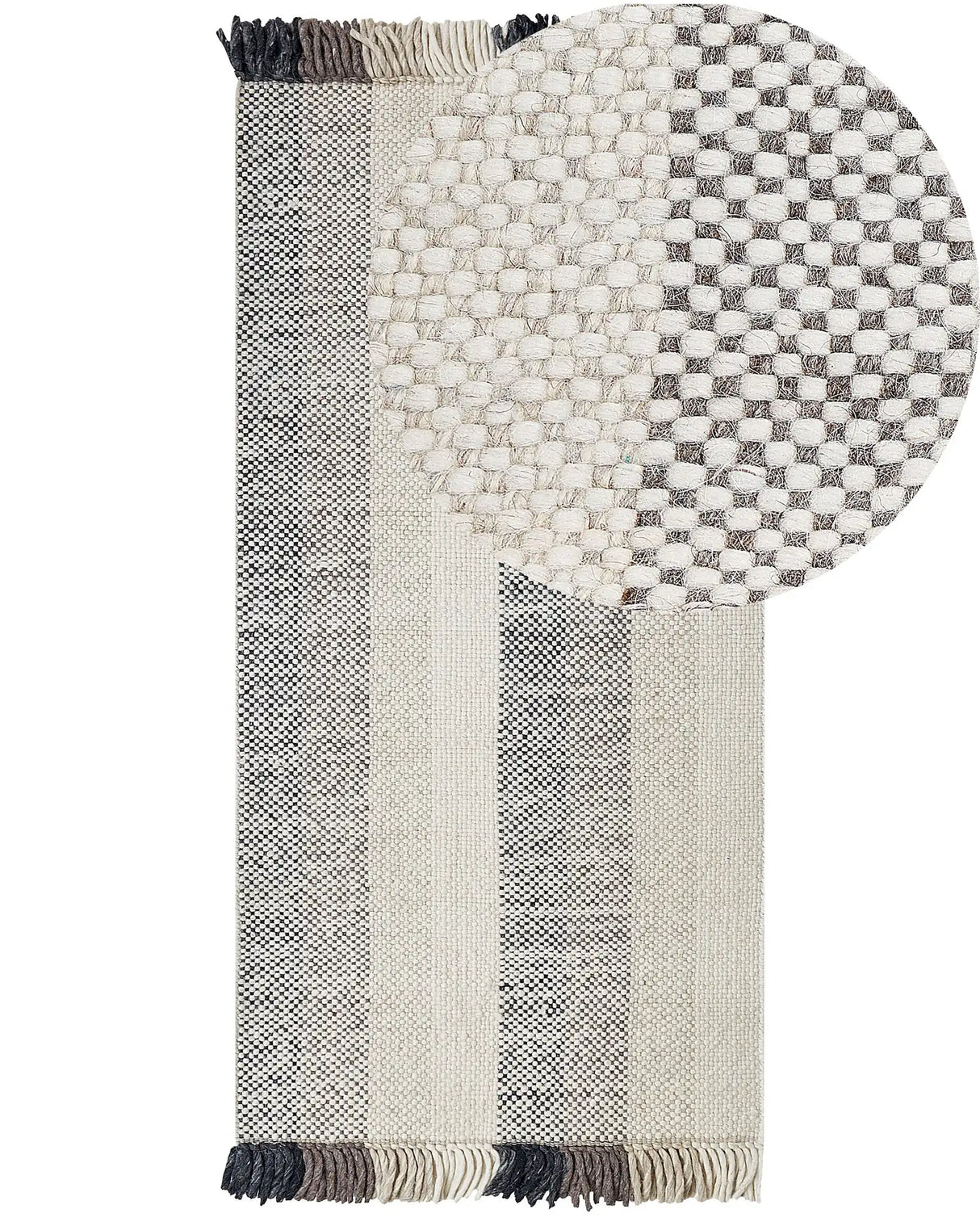 Area Rug Off-White Wool 80 x 150 cm Rectangular Hand Woven with Tassels Modern Design Beliani
