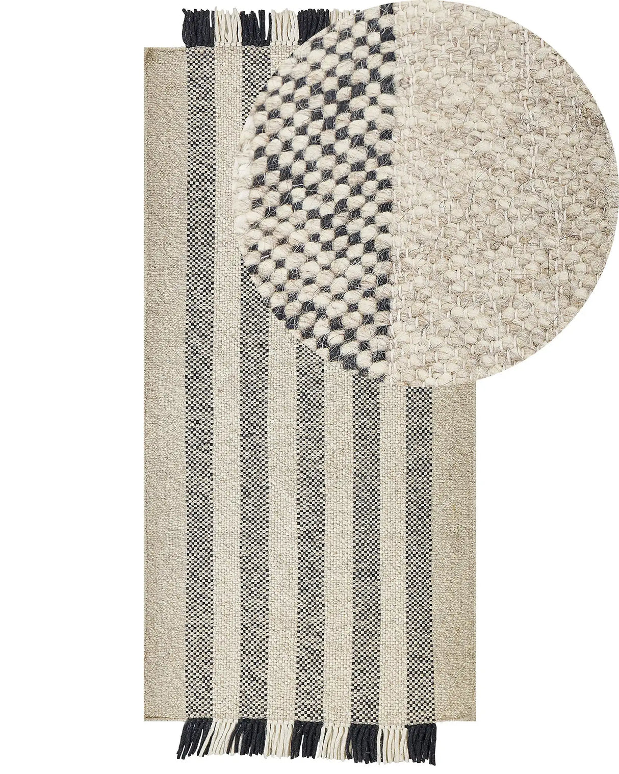 Area Rug Off-White and Black Wool 80 x 150 cm Rectangular Hand Woven with Tassels Modern Design Beliani