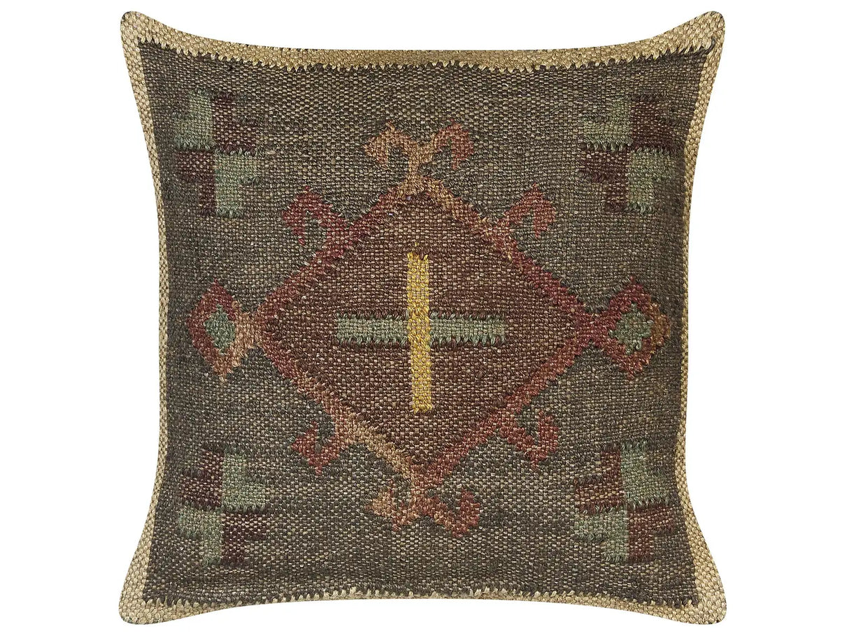Scatter Cushion Green Jute and Wool 45 x 45 cm Oriental Pattern Kilim Style Faded Colurs Beliani