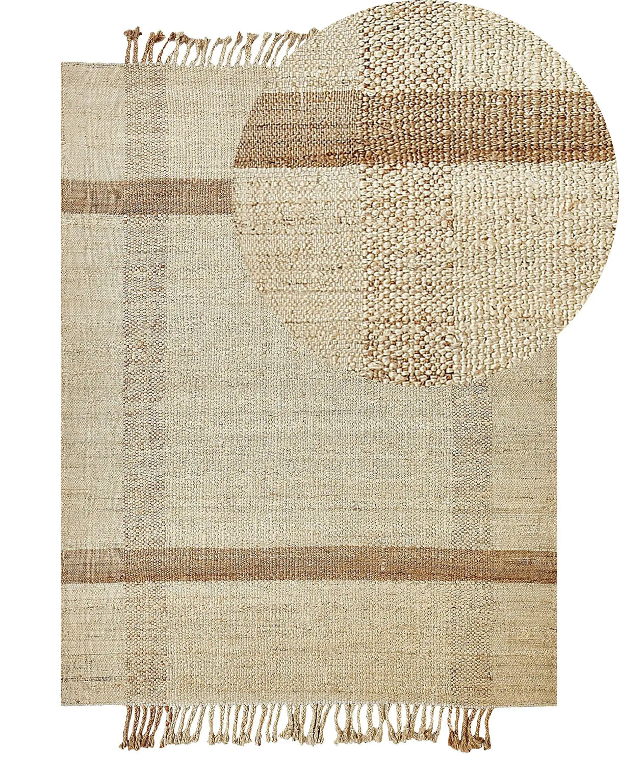 Area Rug Beige Jute 140 x 200 cm Rectangular with Tassels Geometric Pattern Handwoven Boho Style Bedroom Living Room Beliani
