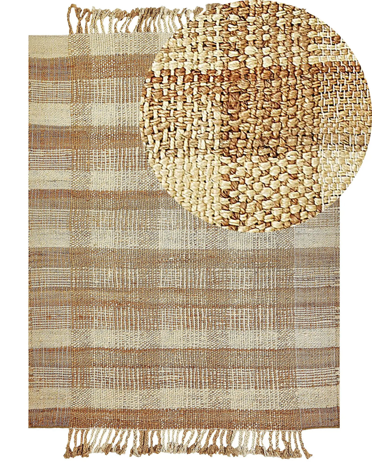 Area Rug Beige Jute 160 x 230 cm Rectangular with Tassels Geometric Pattern Handwoven Boho Style Bedroom Living Room Beliani