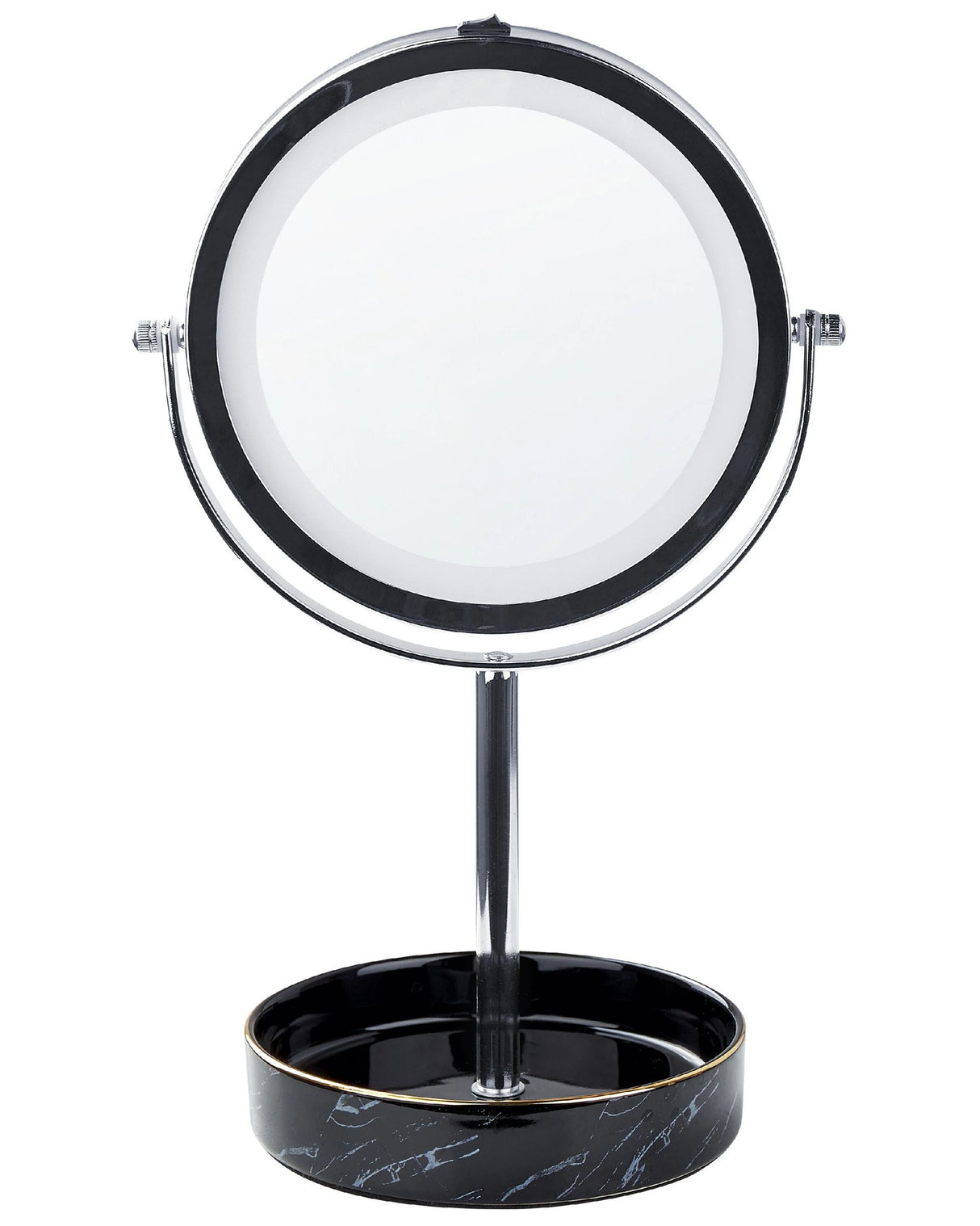Makeup Mirror Silver and Black Iron Metal Frame Ceramic Base 20 cm with LED Light 1x/5x Magnification Double Sided Beliani