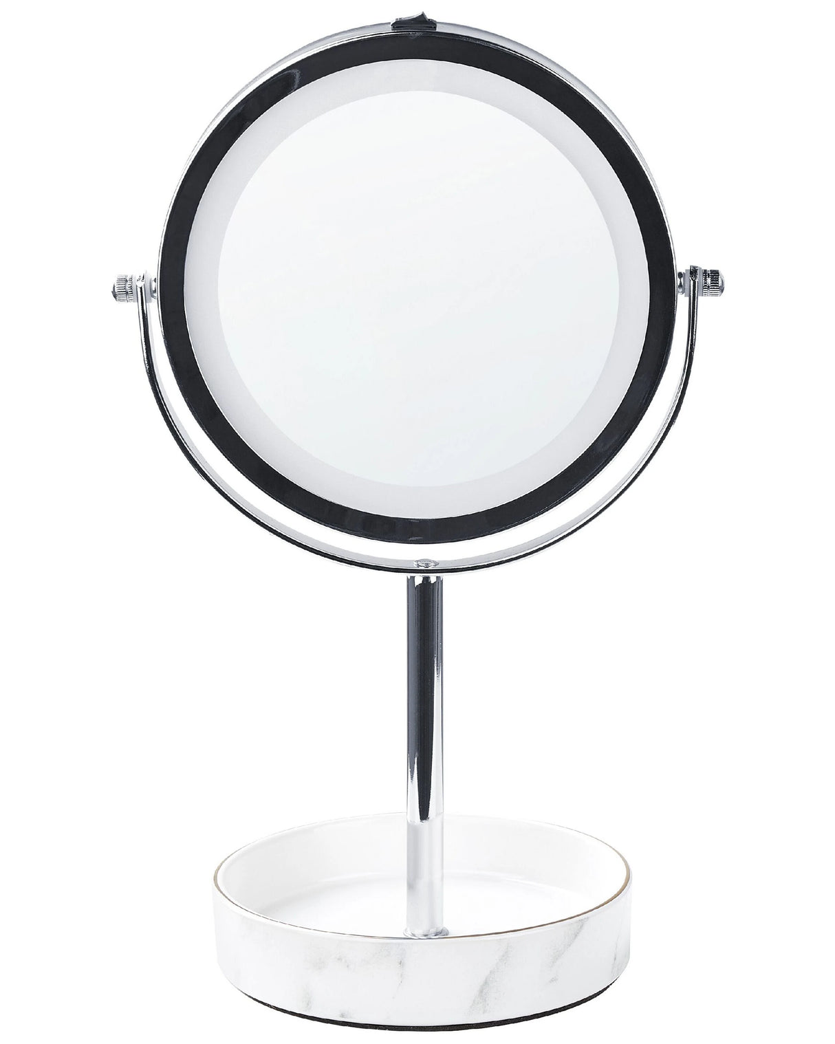 Makeup Mirror Silver and White Iron Metal Frame Ceramic Base 20 cm with LED Light 1x/5x Magnification Double Sided Beliani