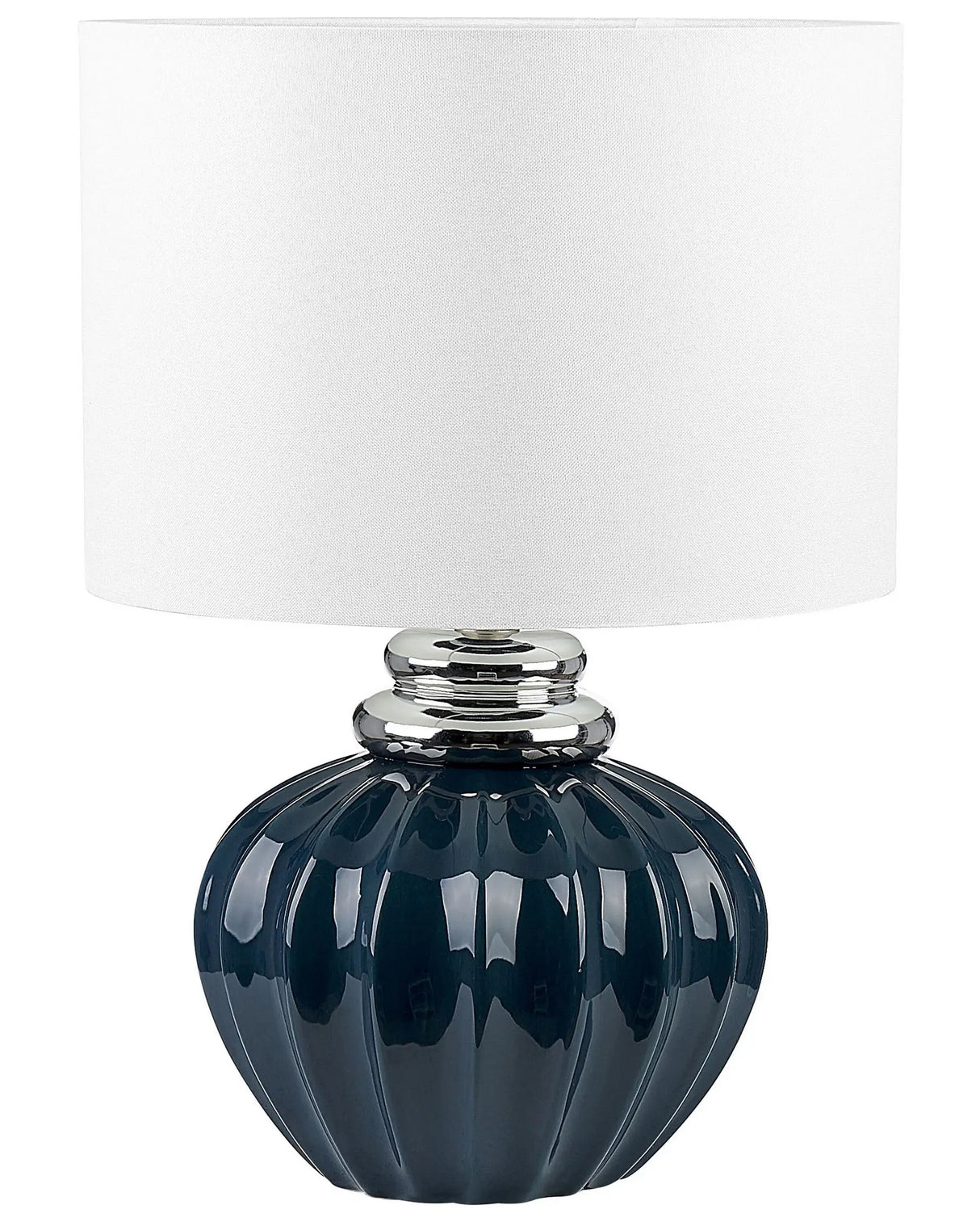 Table Lamp Bedside Light Off-White Ceramic Dark Blue Base Polycotton Drum Round Shade Beliani