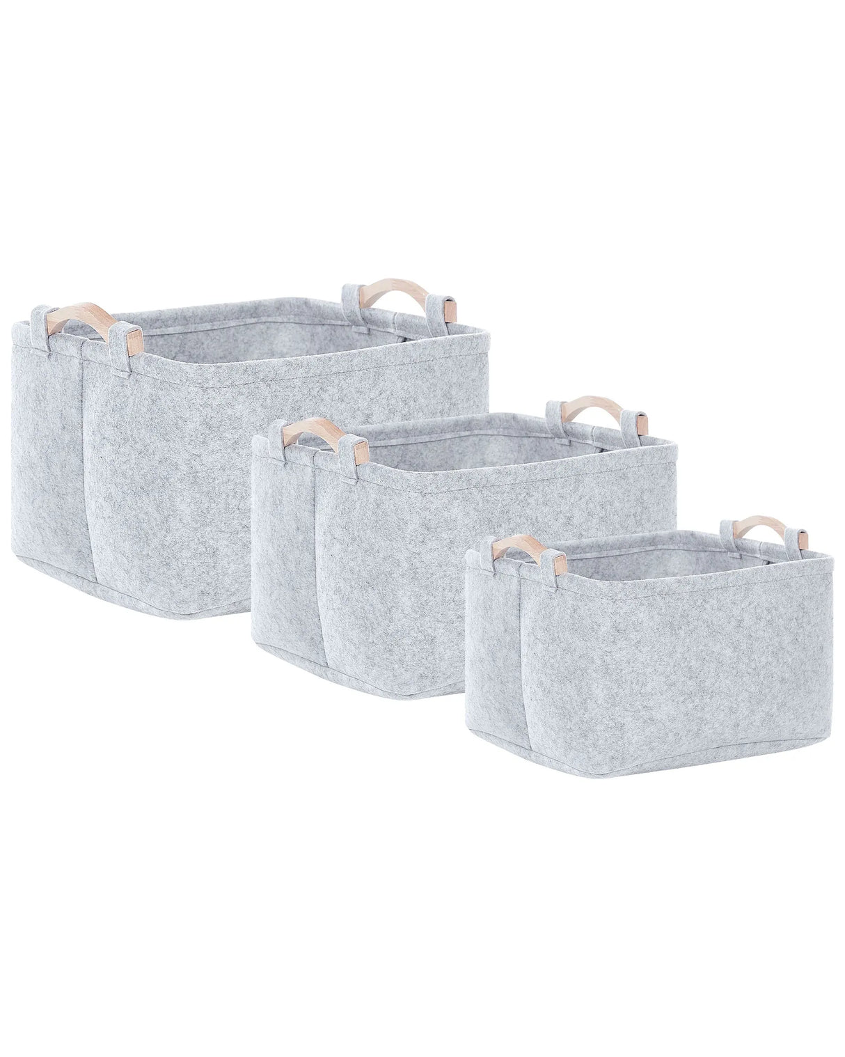 Set of 3 Storage Baskets Grey Felt Handmade with Wooden Handles Shelving Box Scandinavian Design Beliani