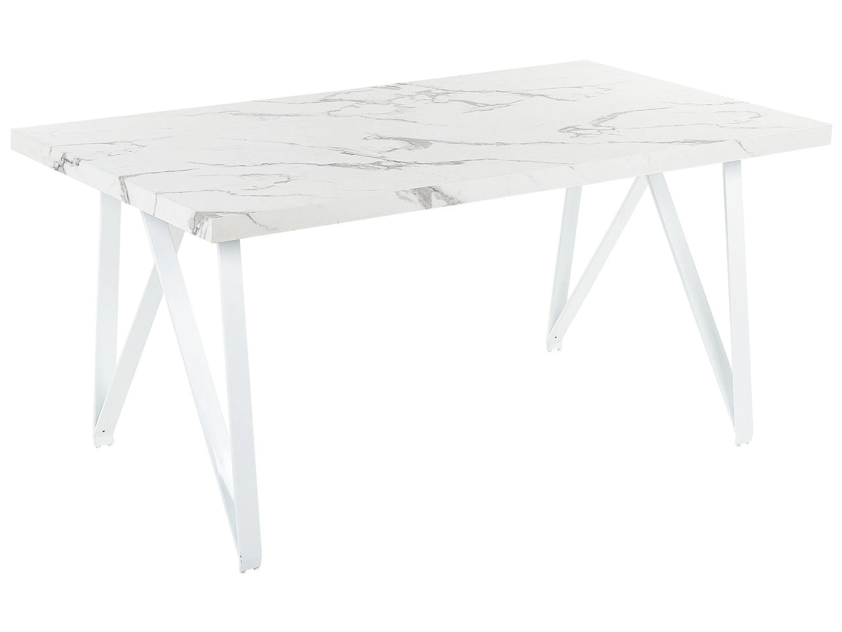 Dining Table White Marble Effect MDF Tabletop 160 x 90 cm X-cross Metal Legs Kitchen Table Beliani