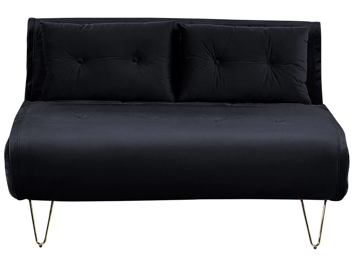 Sofa Bed Black Velvet 2 Seater Fold-Out Sleeper Armless With 2 Cushions Metal Gold Legs Glamour Beliani
