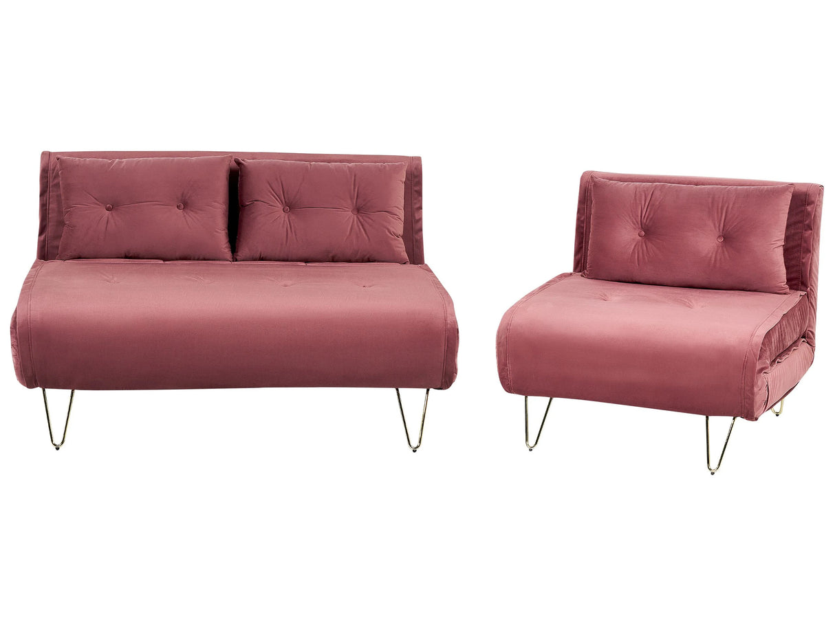 Living Room Set Pink Velvet Single and 2 Seater Sofa Bed with Cushions Metal Hairpin Legs Glamour Beliani