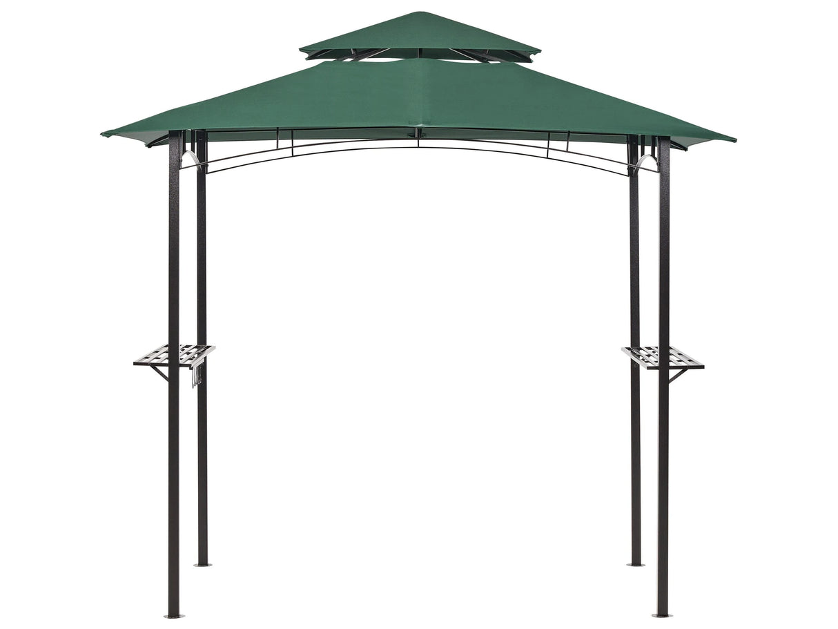 Gazebo Dark Green Fabric Black Steel 240 x 148 cm Metal Frame Canopy with Hooks and Shelves Garden Pavilion Beliani