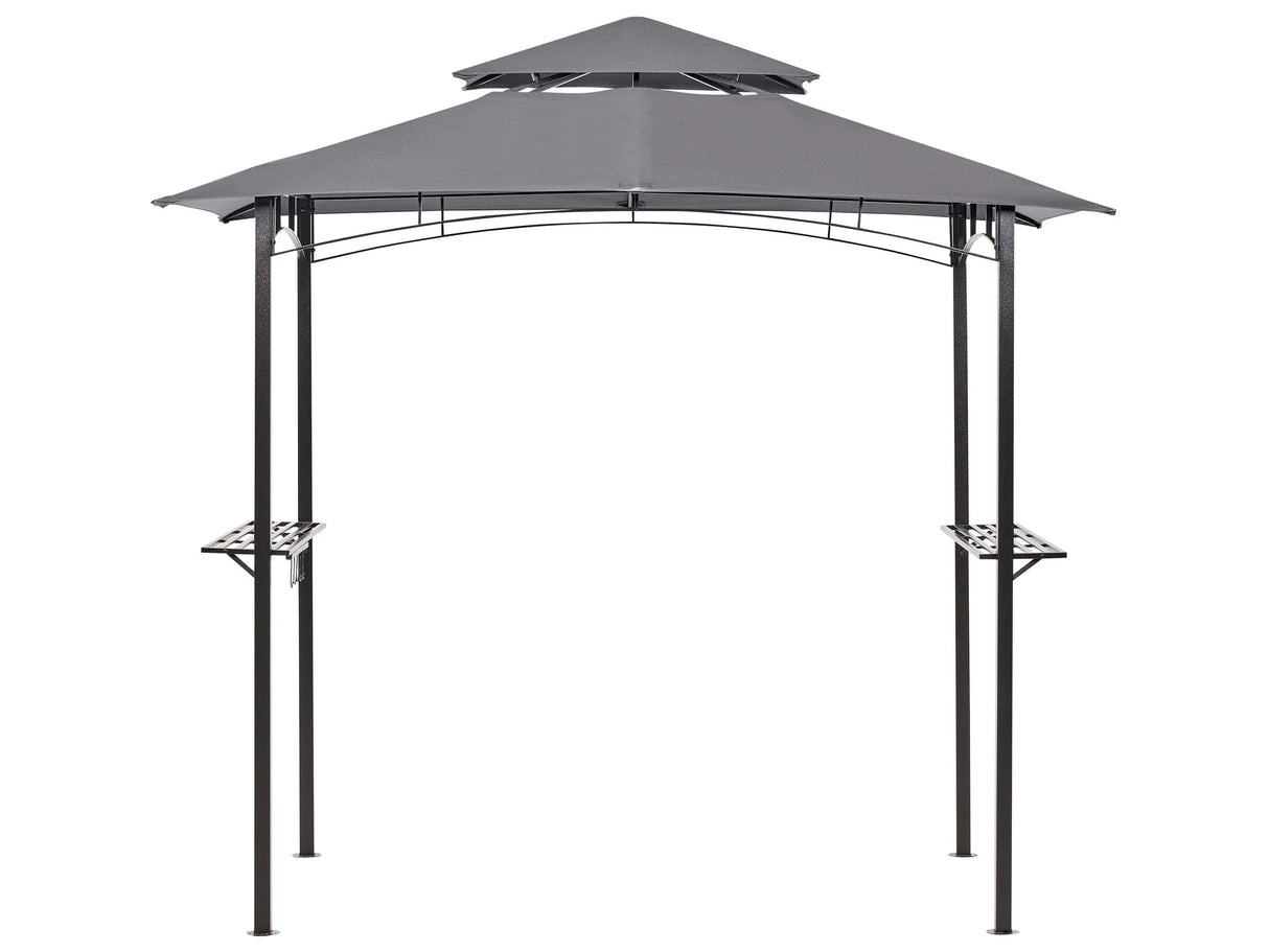 Gazebo Grey Fabric Black Steel 240 x 148 cm Metal Frame Canopy with Hooks and Shelves Garden Pavilion Beliani