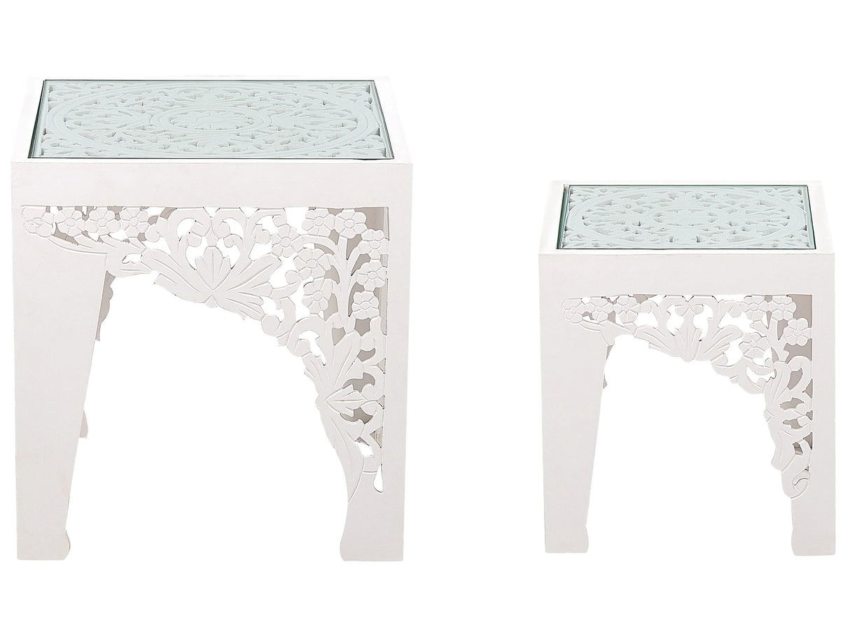 Nest of 2 Side Tables White with Carved Pattern Glass Tabletops Living Room Hallway Rustic Oriental Beliani