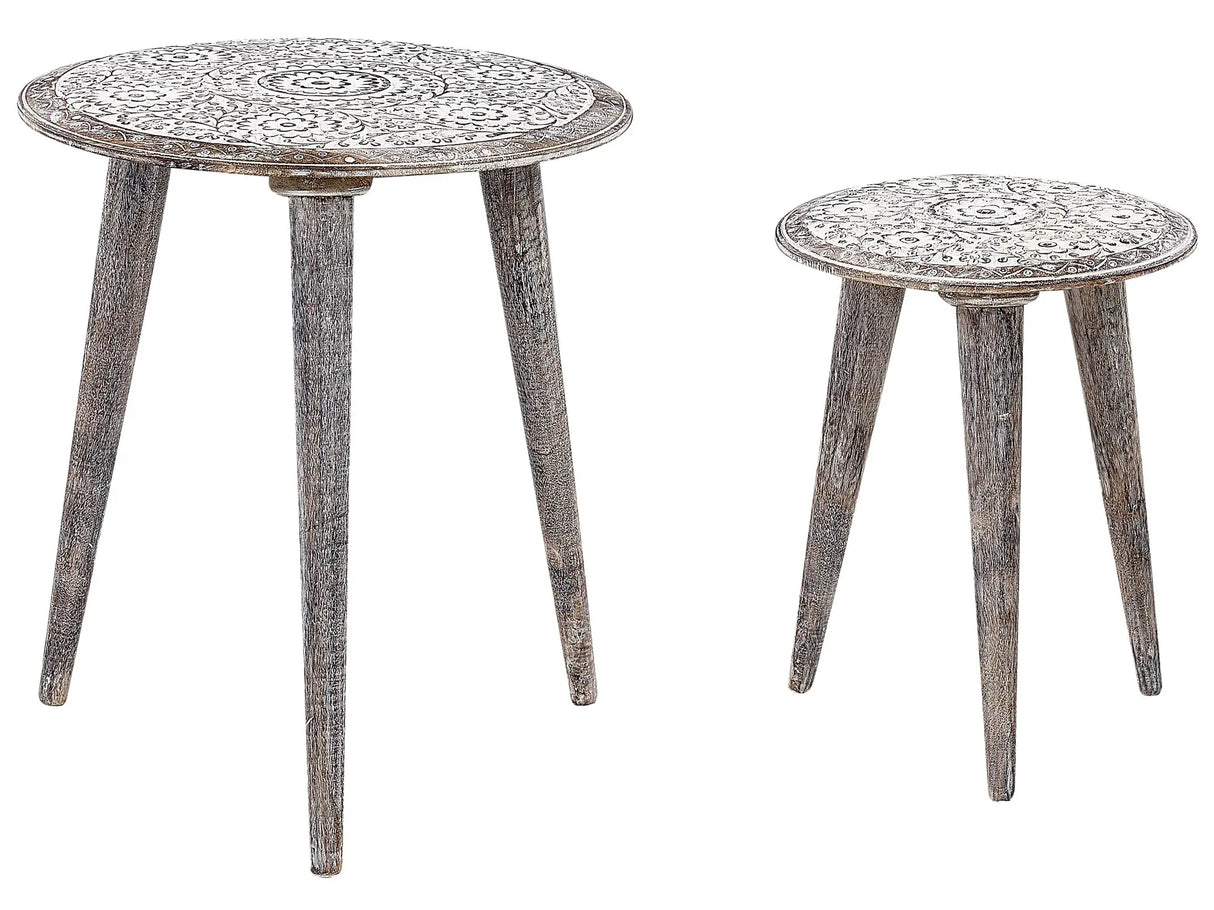 Side Table Grey and White with Carved Pattern Distressed Effect Living Room Hallway Vintage Beliani