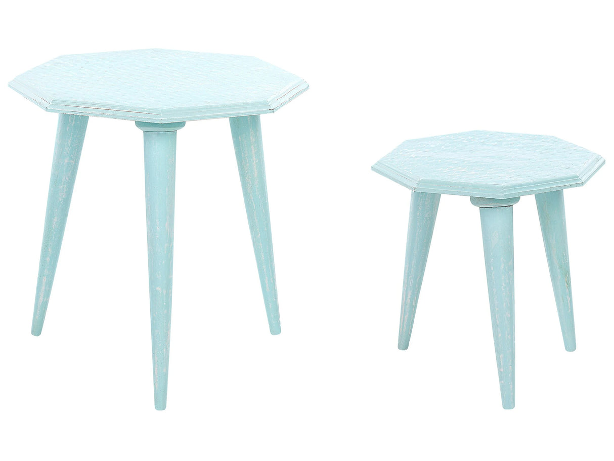 Set of 2 Nesting Side Tables Blue Distressed Mango Wood MDF Round Modern End Side Tables for Living Room Retro Vintage Design Beliani